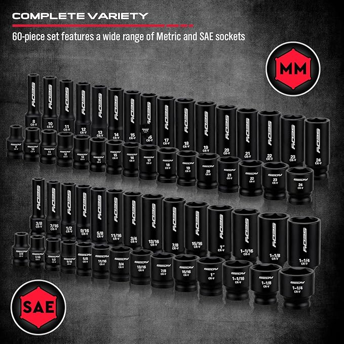Master 1/2" Drive Impact Socket Set, 67-Piece Standard & Deep Master Impact Socket Set SAE 3/8"-1-1/4" & Metric 8-24mm Socket Set with Ratched Hand, Extension Bar, Reducer, Impact Universal Joint,Cr-V