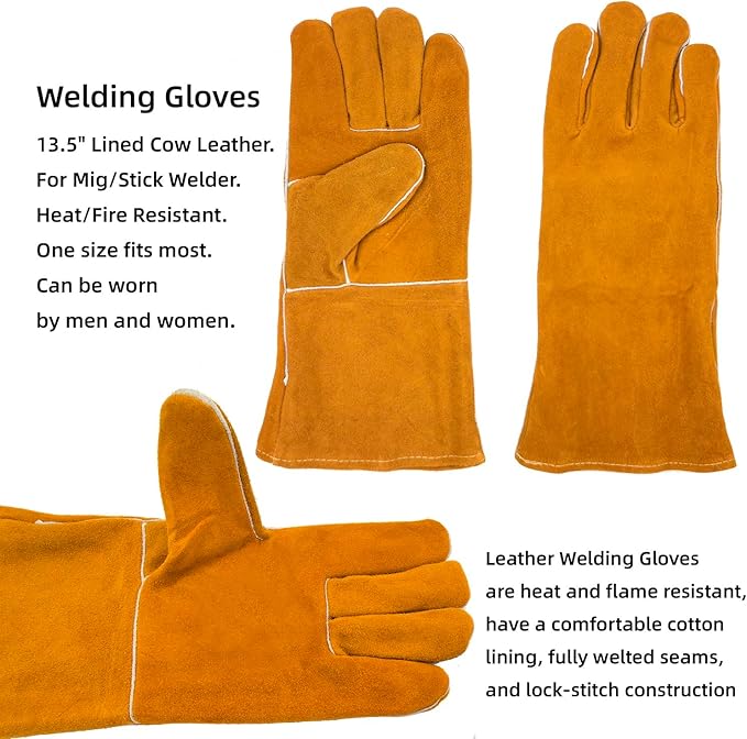 VASTOOLS Welding Accessories,5pc,Chipping Hammer 10.5", Leather Welding Gloves 13.5",6-in-1 Welpers Pliers 8",Wire Brush 10"