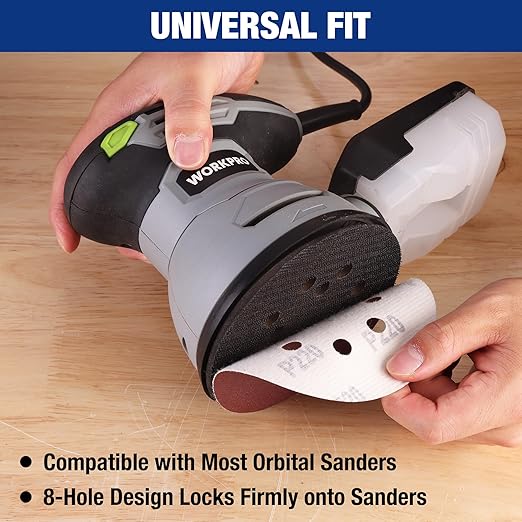 WORKPRO 150-Piece 220 Grit Sanding Discs - 5-Inch 8-Hole Hook and Loop Sandpaper for Random Orbital Sander (Not for Oscillating Tools or Mouse Sander)