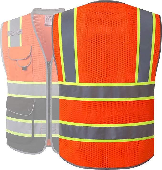 JKSafety 9 Pockets Hi-Vis Safety Vest High Visibility Reflecitive Mesh Safety Vests for Men and Women Cushioned Collar Work Utility PPE Work Gear ANSI/ISEA compliant Class 2 (101-OBlk XXL)
