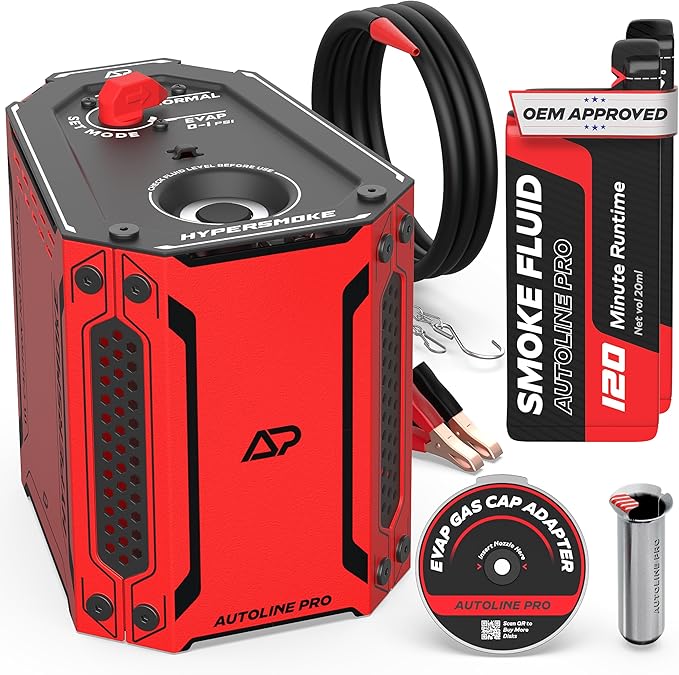 AutoLine Pro HyperSmoke™ Automotive Smoke Machine EVAP Vacuum Leak Tester – Adjustable Pressure – OEM Approved Smoke Fluid – Built-in Air Compressor Motor – Includes Gas Cap Adapter for EVAP Leaks.