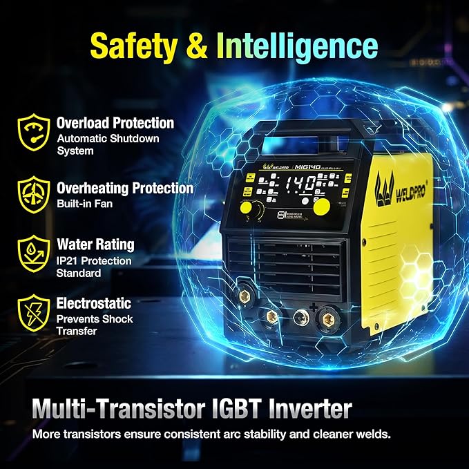 WELDPRO 140A MIG Welder 110/220V, 2026 Newest 5-in-1 Flux Core Welder, Synergic/Thickness Gasless MIG/Lift TIG/MMA/Spot Welding Machine, IGBT Inverter Welder with Large LED Digital Display, 2T/4T