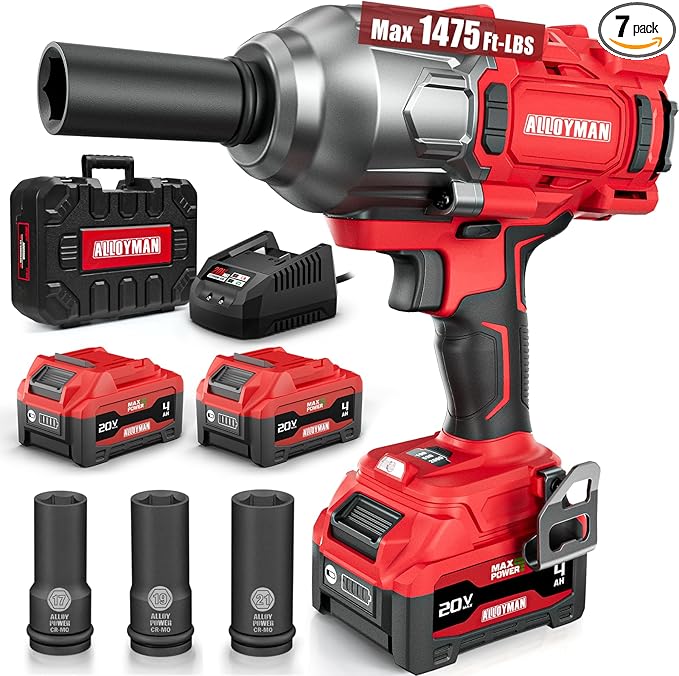 Alloyman Cordless Impact Wrench, 1475Ft-lbs (2000N.m) 1/2 High Torque Brushless Impact Gun, 20V Power Impact Driver, 2*4000mAh Battery,3 Sockets, Brushless Motor Variable Speeds for Car/Truck RV/Mower