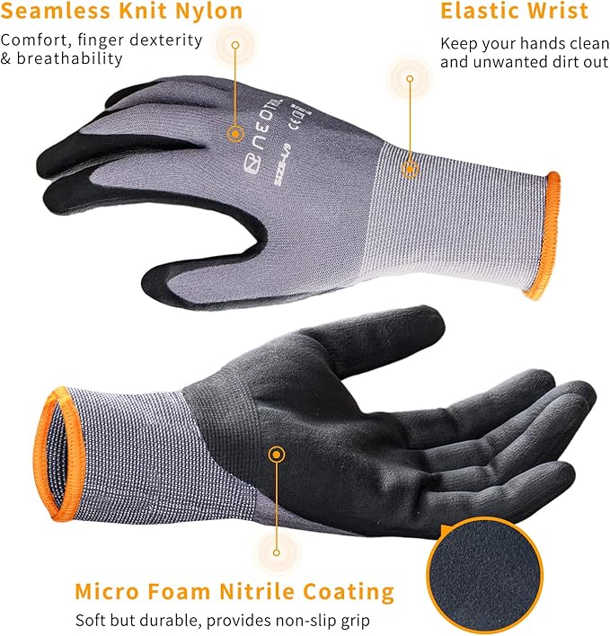 NEOTRIL Safety Work Gloves MicroFoam Nitrile Coated-3/6/12/36 Pairs,Breathable Nylon Working Gloves for Men Women