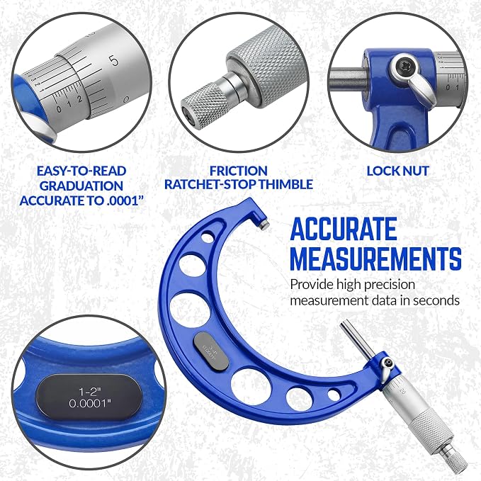 Premium Outside Micrometer Set 0-4" / 0.0001" (0-1"/1-2"/2-3"/3-4") Precision Machinist Tools w/Carbide Tips, Standards, Ratchet Stop, Blue