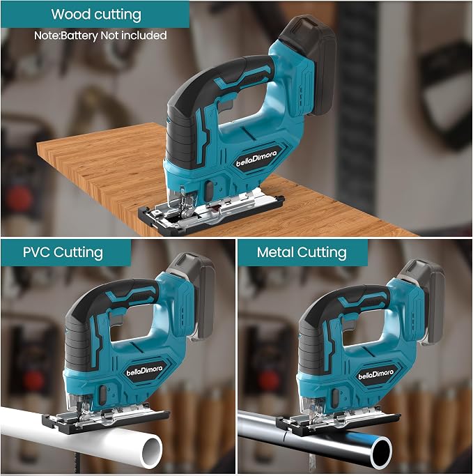 Jig Saw Compatible with 18V Battery | Cordless JigSaw with Built-in LED Light, 45 Deg Bevel, 3 Orbital Settings for Straight/Bevel Cutting & Metal(No Battery)