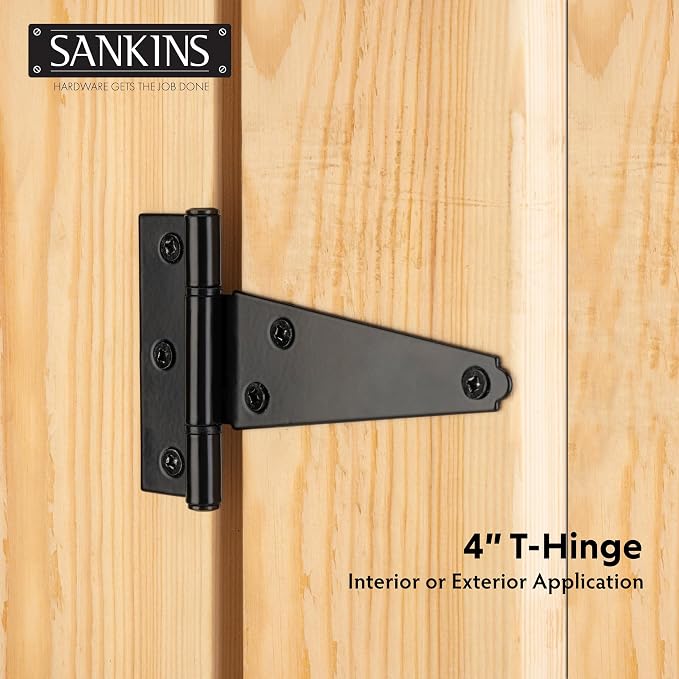 4 Inch T-Strap Shed Door Hinges Heavy Duty, Black Tee Gate Hinges for Wooden Fences, Yard Door, Barn Door Gates, Wrought Hardware Rustproof, 4Pack