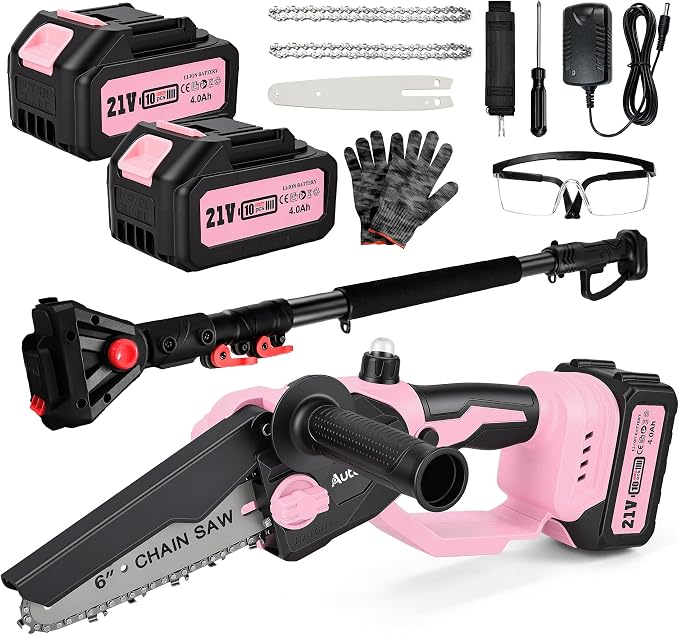 Pink 2-in-1 Cordless Pole Saw for Tree Trimming, 6-Inch Mini Chainsaw with Extension Pole, Battery Powered Pruning Saw for Small Branches, 2 x 4000mAh Batteries, Brushless Motor, Auto Oiler