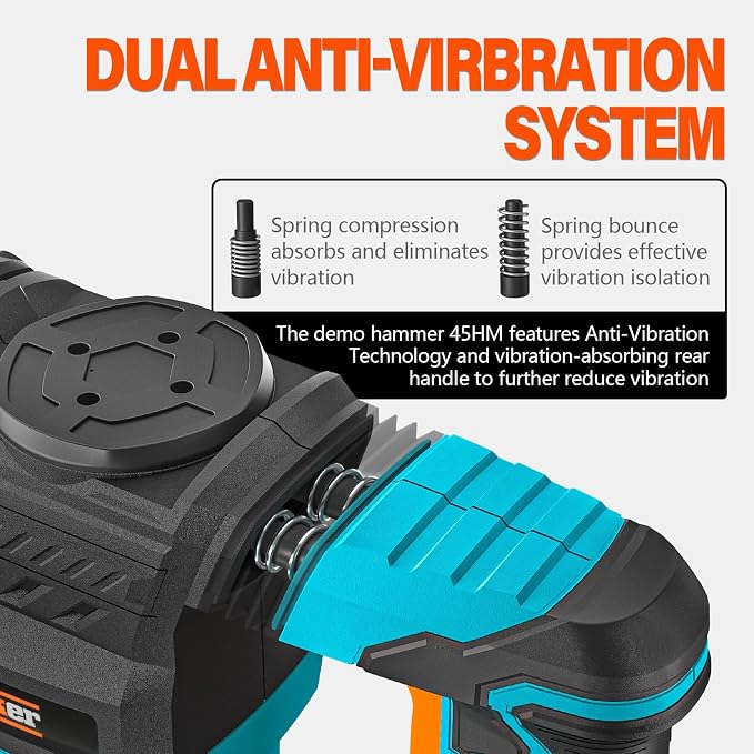 Berserker 1300W 12-Pound SDS-Max Demolition Jack Hammer 45HM,11-Amp Corded | Small Lightweight Electric Concrete Breaker for Tile Removal with Vibration Control,Trigger Lock,Carrying Case & 2 Chisels