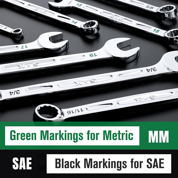 SK Combination Wrench Set, SAE & Metric, 16-Piece, Premium CR-V Steel | 12-Point, SureGrip Drive Design, 15-Degree Offset End, Drop Forged, SuperKrome Finish, with Rolling Pouch