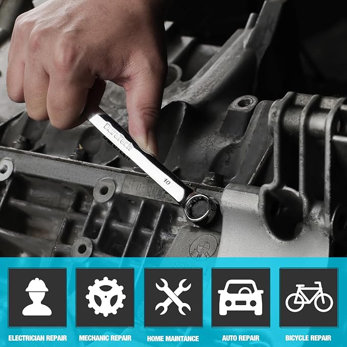 DURATECH 10mm Combination Wrench, Metric | CR-V Constructed, Mirror Polish, 12-Point, 15-Degree Offset