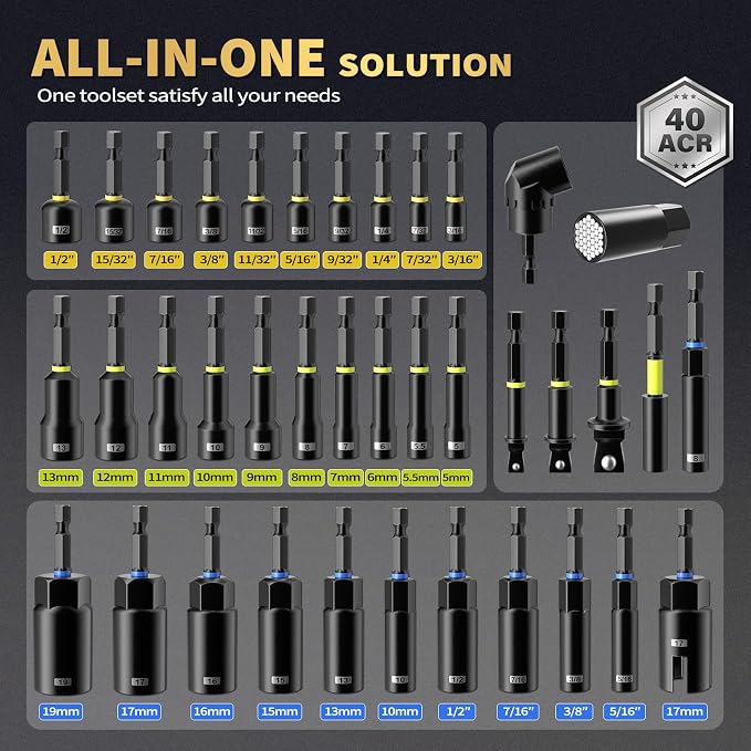 86PCS Magnetic Impact Nut Driver Set Metric & SAE with Socket Adapters, Wing Nut Driver, Universal Sockets, Bit Holder, Quick Release Extension, Power Bits, Storage Box