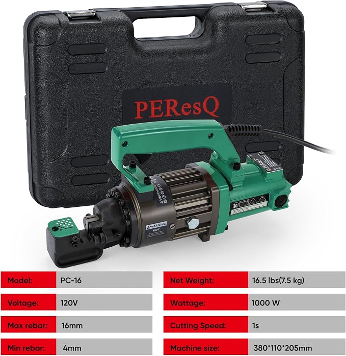 Electric Hydraulic Rebar Cutter, 1000W 120V Corded, Portable Steel Bar Cutter, 5/8" (#5) 4-16mm Capacity,Cutting Speed 1s, Lightweight 16.5 lbs, Model PC-16 (Green-16)