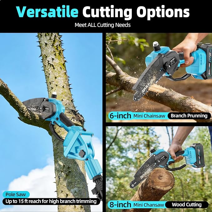 3-in-1 Electric Pole Saws for Tree Trimming, 8 Inch & 6 Inch Mini Chainsaw Cordless with 2x4.0 Ah Battery, Battery Powered Pole Chain Saw, 16 Ft Reach, Telescopic Chainsaw Tree Trimmer Branch Cutter