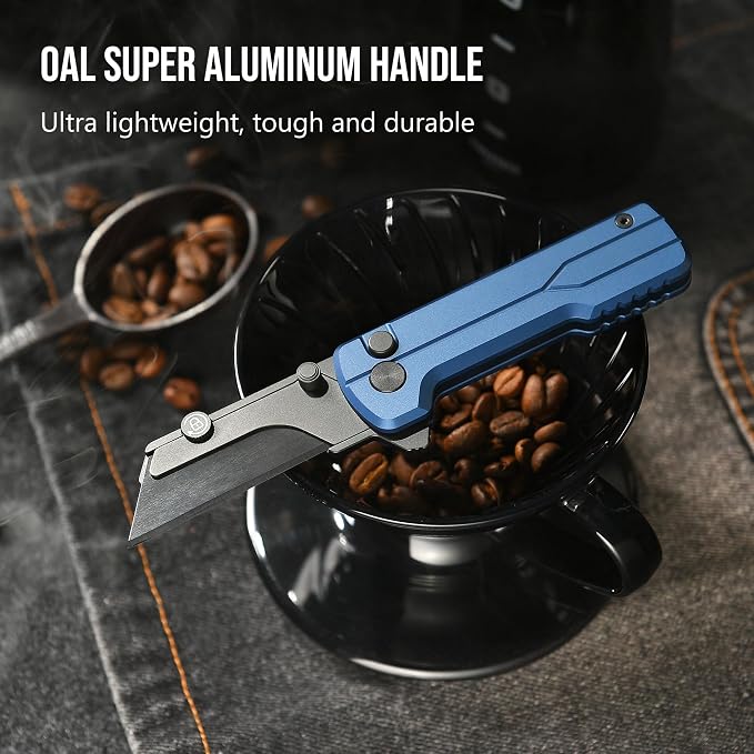 OKNIFE U1 Ultra Pocket Folding Utility Knife with Ceramic Blade, Lightweight O-Aluminum Handle Box Cutter with Clip, Button Lock Pocket Knife for Men Women (Navy Blue)