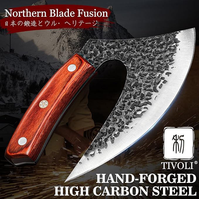 TIVOLI Ulu Knife with Sheath – Full Tang Rosewood Handle, Gift-Ready Box, Viking-Style Cleaver & Pizza Cutter for Meat, Herbs, and Outdoor Cooking –A Christmas Gift for Men and Women