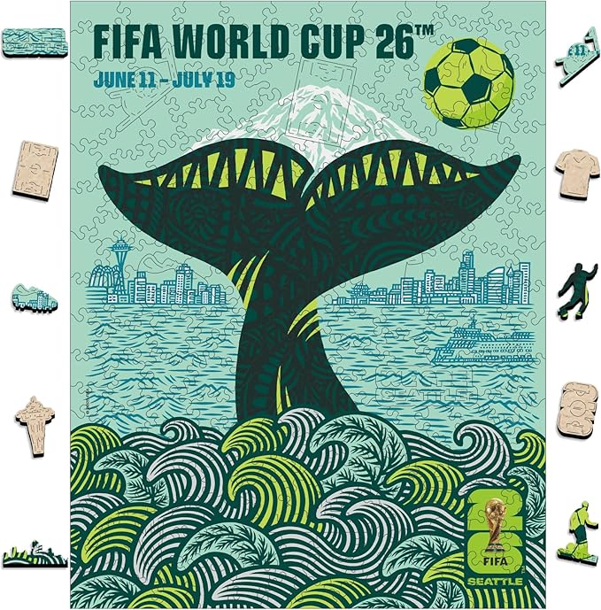 FIFA World Cup 2026 Seattle City Poster Wooden Puzzle for Adults, 200 Piece Unique Shape Jigsaw Puzzle, 5MM Thick, Officially Licensed Soccer Fan Collectible Gift, 9.3x11.8''