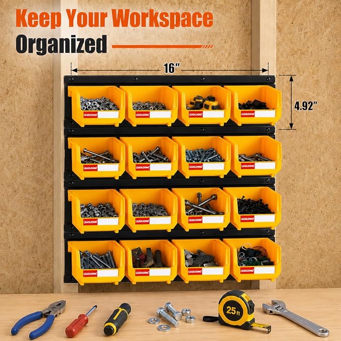16pc Wall-Mounted Storage Organizer Set with Metal Rails Yellow | Heavy duty tool organization box with metal rails. Ext 5"x4"x3" for garage screws nuts bolts.