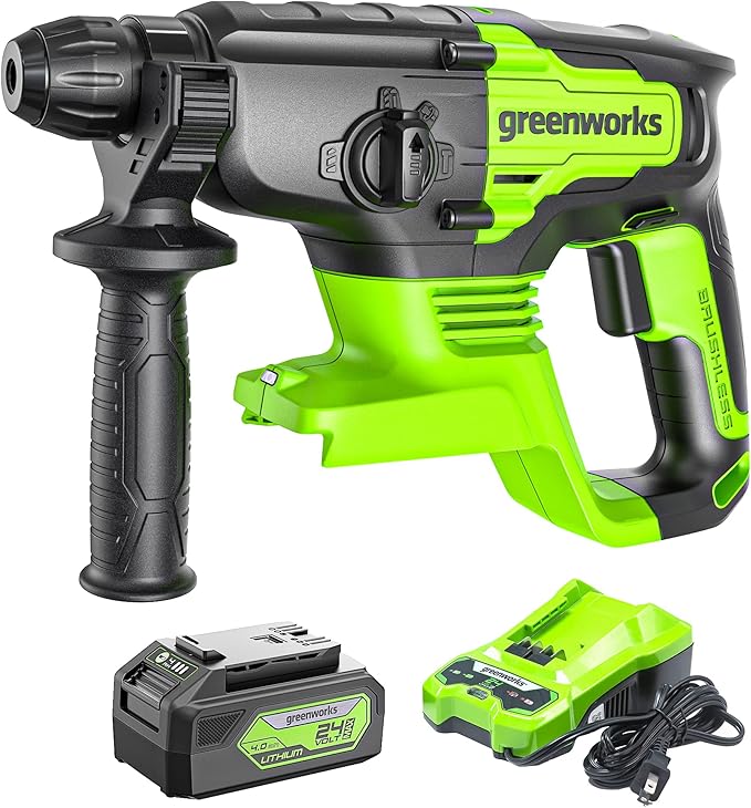 Greenworks 24V Cordless Rotary Hammer, 2.1 Joules, Brushless Motor, 1" SDS Plus Rotary Hammer Drill, 4 Modes, LED Light, 4Ah Battery & Charger Included, Ideal for Concrete, Masonry & Demolition