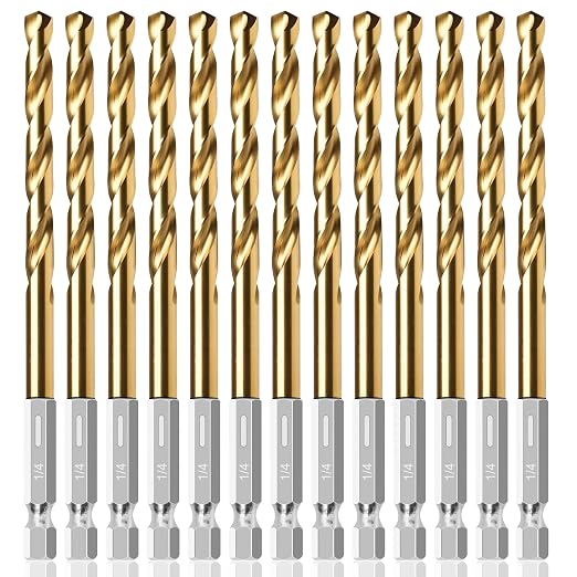 13PC 1/4" Titanium Coated Twist Hex Shank Drill Bit Set, 135 Degree Tip HSS Drill Bit Sets, Impact Driver Drill Bits for Wood, Steel, Metal, Plastic with Quick Change Design