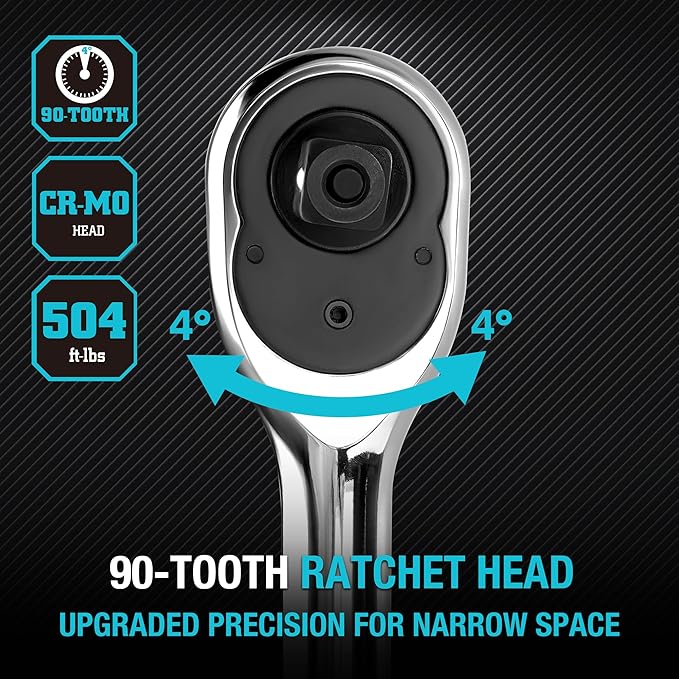 DURATECH Extra Long Handle 1/2-Inch Drive Ratchet, 90-Tooth Ratchet Wrench | Quick-Release Socket Wrench with 20" Extra Long Handle, Teardrop Ratcheting, Reversible, CR-V Made, CR-MO Head,Full Polished