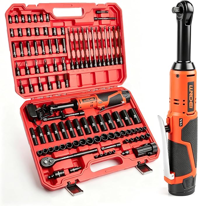 LLNDEI 3/8" Extended Reach Cordless Ratchet Set 102Pcs | 12V Long Neck Electric Ratchet Wrench, 50N.m Torque, Variable Speed, LED Light, for Auto Engine Bay & Tight Space Repair