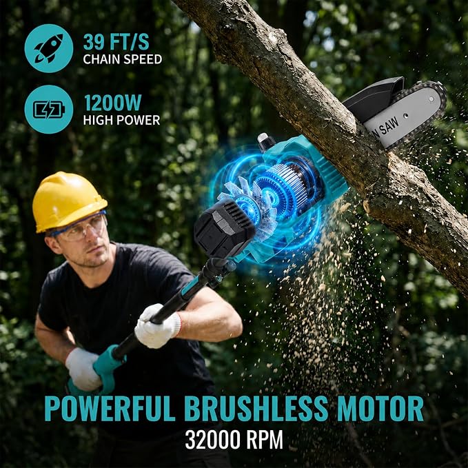 TNELTUEB 4-In-1 Cordless Pole Saw & Mini Chainsaw, 6"&8" Pole Saws For Tree Trimming with 15.6ft Extendable Pole, 180° Adjustable Angle, 1000W Brushless Motor, Electric Chainsaw with 2×4.0Ah Batteries