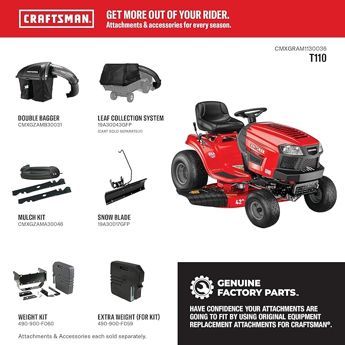 CRAFTSMAN 42" Gas Riding Lawn Mower with 17.5 HP* Briggs and Stratton Single-Cylinder Engine, Gas Lawn Tractor with 7-Speed Transmission, Red/Black (13AN77XSA93)