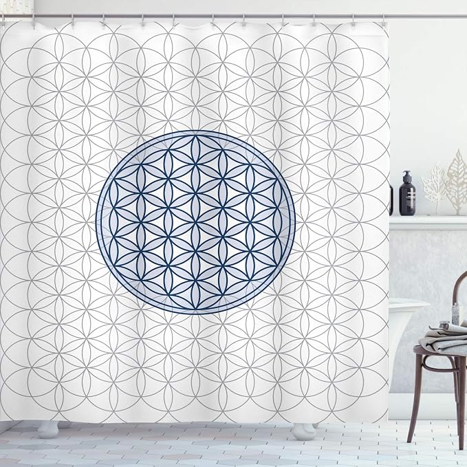 Ambesonne Geometry Shower Curtain, Interlace Circles of Time and Space Theme Vortex Natural Geometry Myth Form, Cloth Fabric Bathroom Decor Set with Hooks, 69" W x 84" L, Night Blue