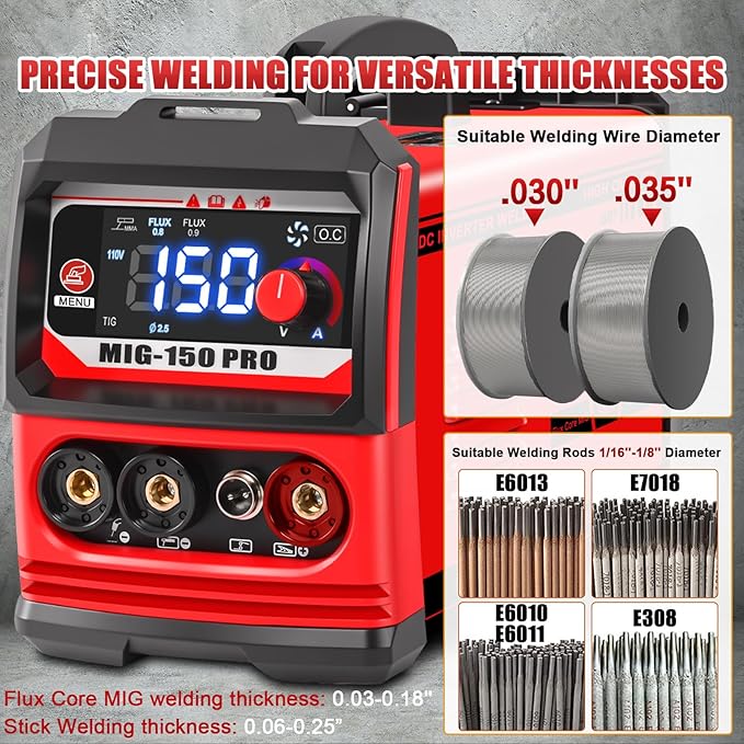 GNI Multiprocess Welder, MIG/TIG/Stick Welding Machine, IGBT Inverter Portable MINI Welder Machine 110V, Beginner-Friendly MIG Welder with Auto-Darkening Goggles, 150A Flux Core Welder for Home DIY