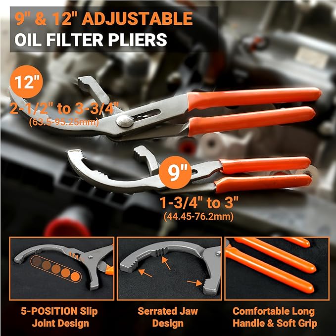8PC Oil Filter Wrench Set with Swivel Oil Filter Wrenches Cover 2-3/4" to 5-1/4", 9" & 12" Adjustable Oil Filter Pliers, Universal 3-Jaw Oil Filter Removal Tool with 1/2" to 3/8" Adapter