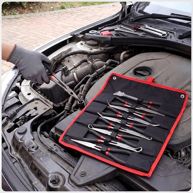9 Piece 11 Inch Long Reach Pliers Set 45° 90° Bent, Circle, Diagonal Carbon Steel Needle Nose Pliers for Narrow Spaces and Limited Areas(Black)