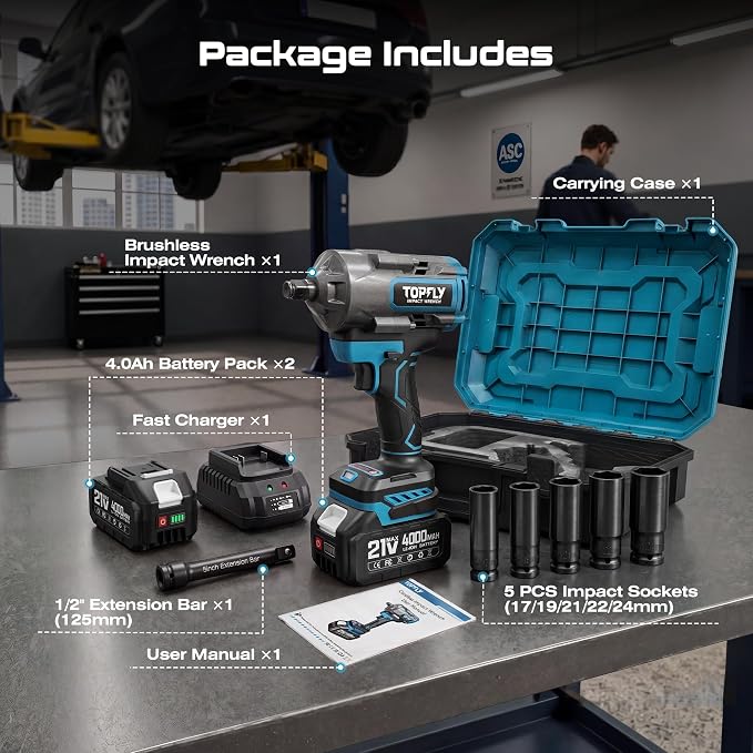 Impact Wrench 1500N.m(1106Ft-lbs) Brushless, 1/2 High Torque Impact Gun with 2x4.0Ah Batteries, Cordless Impact Wrench, 4 Variable Speeds, 3500RPM Impact Driver for Car/Heavy Truck/Pickup