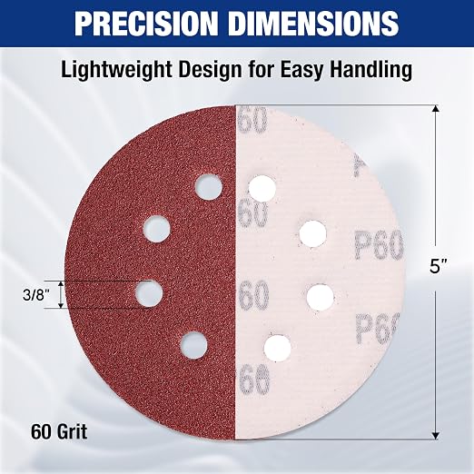 WORKPRO 50-Piece 60 Grit Sanding Discs - 5-Inch 8-Hole Hook and Loop Sandpaper for Random Orbital Sander (Not for Oscillating Tools or Mouse Sander)
