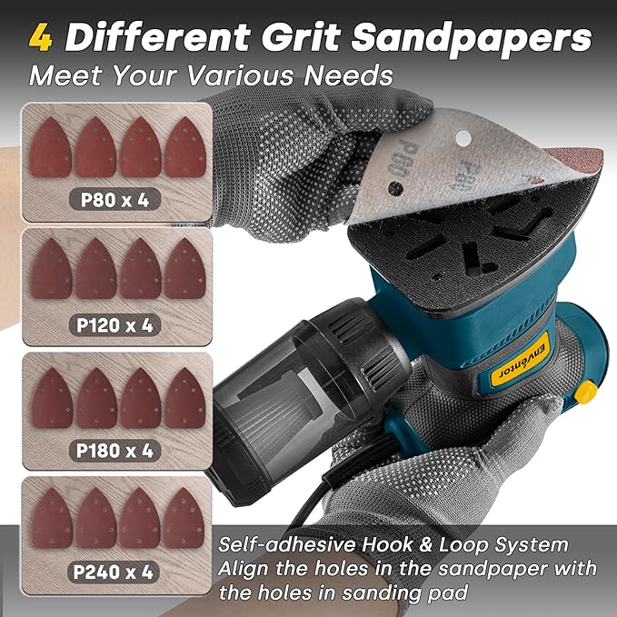 Enventor Detail Sander, 1.7A 210W Compact Electric Sander 15,000 RPM with 16Pcs Sandpapers, Dust box, Soft Grip Handle Tight Spaces Sanding, Polishing