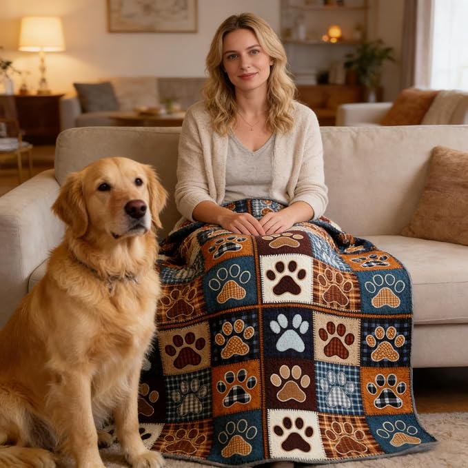 Patchwork Quilt Set Queen Size, Blue Brown Dog Paw Bedspread, Soft Lightweight Microfiber Bedding Set, Farmhouse Rustic Coverlet, All Season 3 Piece (Dog Paw, Queen)