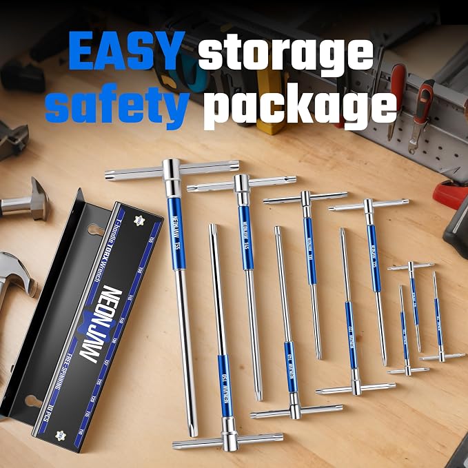 10pcs T-Handle Torx Allen Key Wrench Set T55 T50 T45 T40 T30 T27 T25 T20 T15 T10 with 3-Way Sliding Handle, Spinning Sleeve, Steel Storage Rack for DIY, Mechanics, Blue
