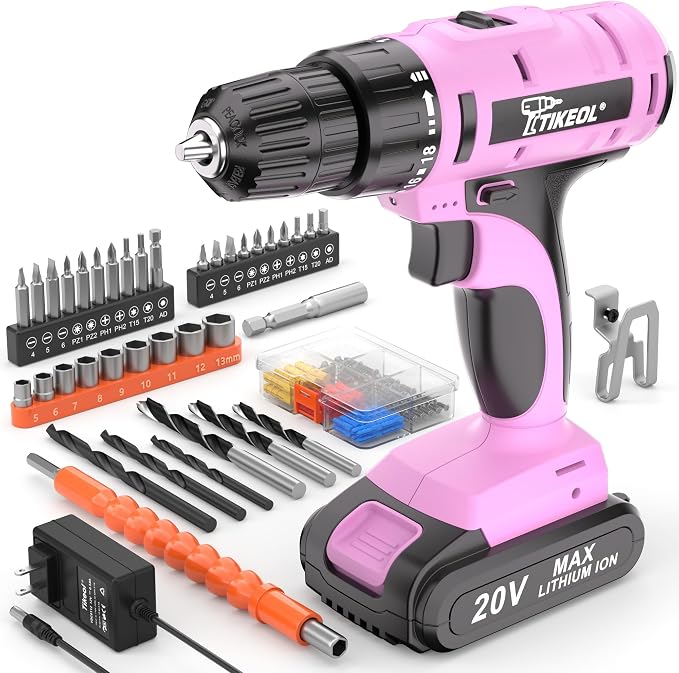 20V Cordless Pink Drill Set with Battery & Charger, 2-Speed Power Drill for Women, Pure Copper Motor, 250 In-lbs, 3/8" Keyless Chuck, Tool Kit for Home DIY（Pink）