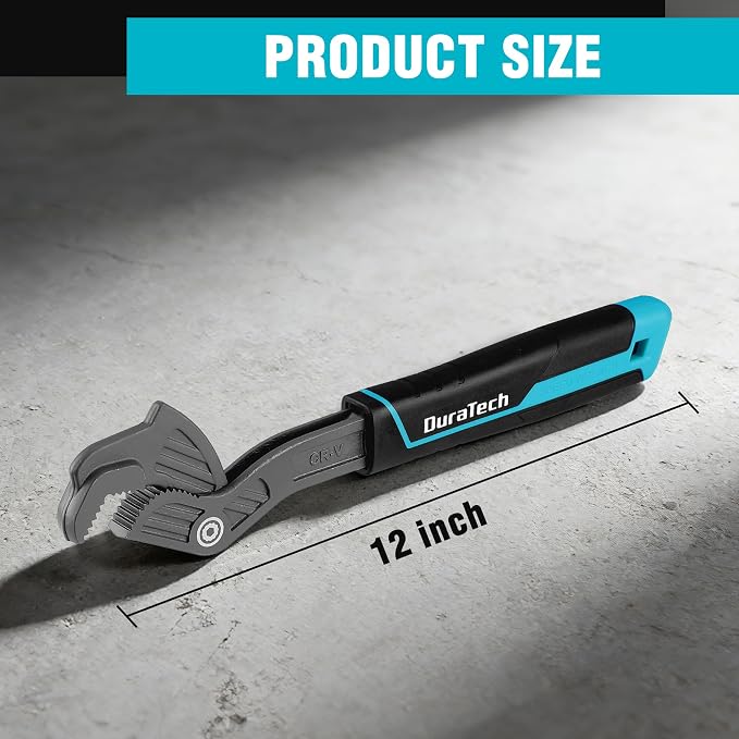 DURATECH 12-Inch Self-Adjusting Wrench, Self-Locking Pipe Wrench | Adjustable Size 3/4"-1-5/8"(19-41mm), Cr-V Steel, Non-Slip TPR Handle, For Home Repair, Mechanic and DIY Projects