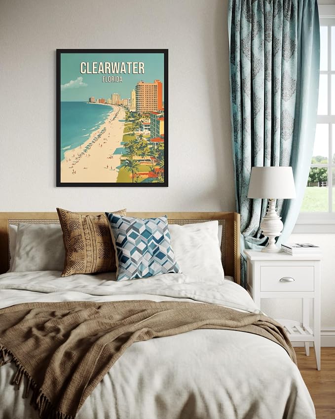 Clearwater Beach Florida Black Framed Wall Art Print Poster, US Vintage Retro Beach Scenery Posters Prints for Restroom Home Picture Painting Artwork Gallery 219 (Clearwater Beach Florida, 24"L x 18"W, Black Frame)
