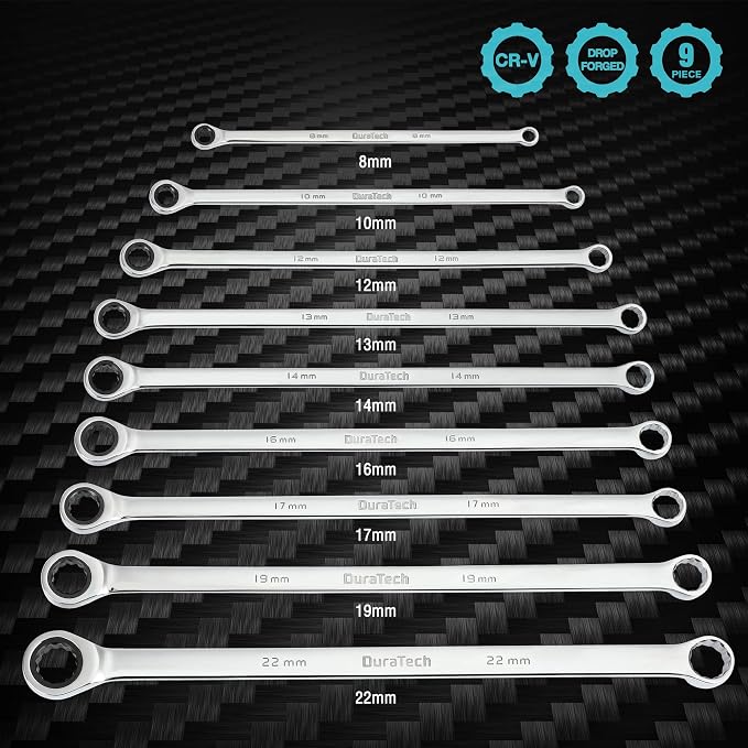 DURATECH Extra Long Ratcheting Wrench Set, Double Box End, Metric, 9-Piece | 8 mm-22 mm, CR-V, 72-Tooth, 5° swing arc, 12-Point, More Torque, for Narrow Spaces, with EVA Foam Organizer