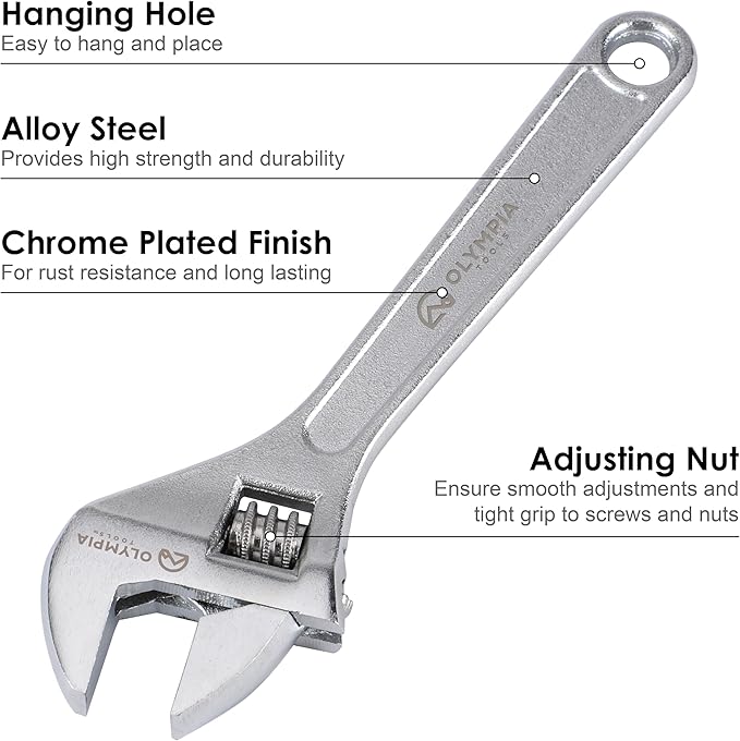 Olympia Tools 6" Adjustable Wrench, Heavy Duty Drop Forged Steel, Chrome Plated, Precision Machined Jaws, Rust Resistant