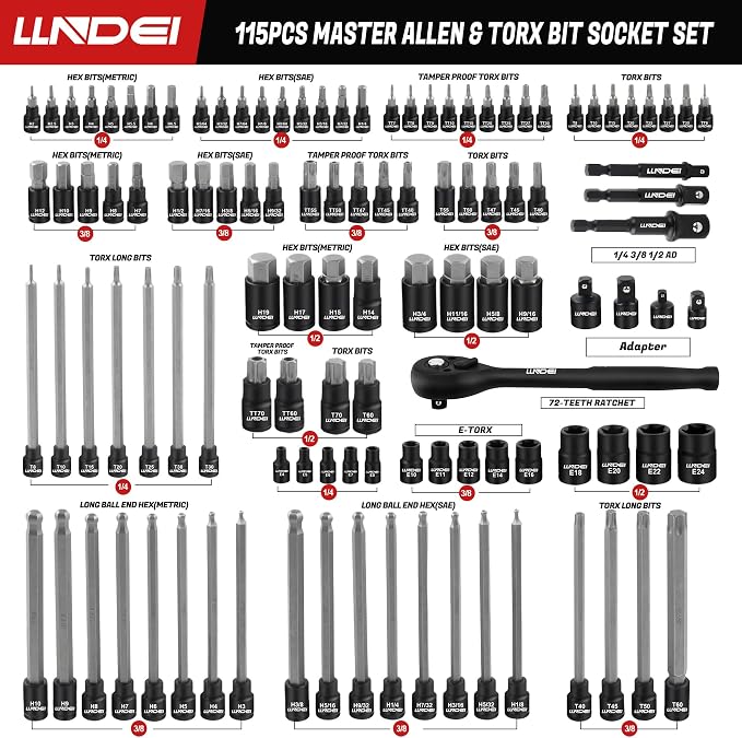 LLNDEI 115Pc Torx & Allen Bit Socket Set 1/4 3/8 1/2" Drive | Extra Long & Tamper Proof Torx, Hex & Ball Hex, S2 Steel, SAE/Metric, Ratchet & Adapters, for Auto, Machinery & Industrial