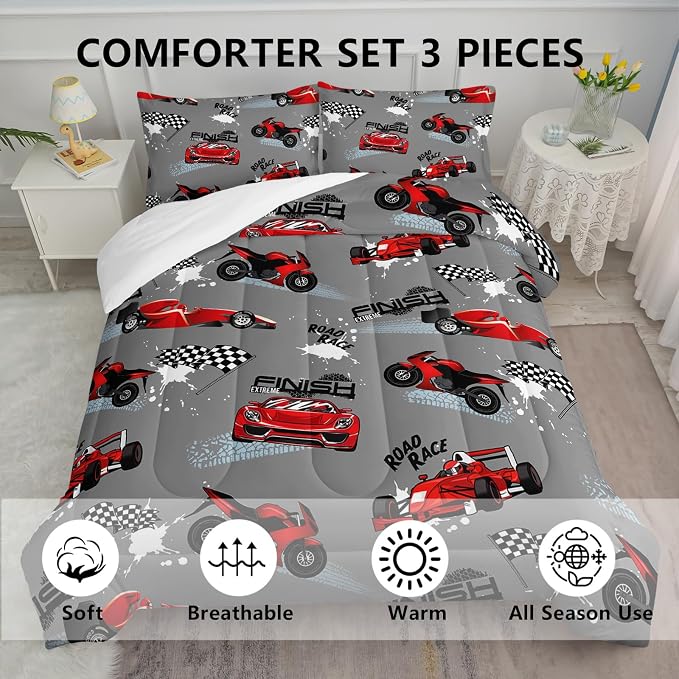 Axolotl Kids Racing Car Comforter Set King Size,Cartoon Race Car Bedding for Boys Girls Teen,Extreme Sport Bedding,Cars Racing Race Cars Quilt Bed Set with 1 Comforter 2 Pillowcases,Red Grey