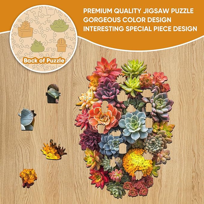 Delobi Succulent Waterfall Wooden Puzzles, 500 Pieces Jigsaw Puzzles 18.5'' x13.1'', Unique Design Wooden Puzzles for Adults and Kids, Family Game Gift Royal Size