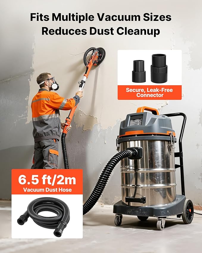 VEVOR Drywall Sander, 850W Electric Drywall Sander, Popcorn Ceiling Removal Tool with 5 Variable Speed 800-1700 RPM, Double-Deck LED Light, Foldable & Extendable Handle, 15 Sanding Discs, Dust Hose