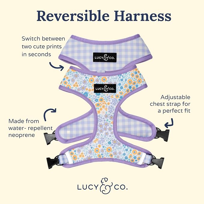 Lucy & Co. Reversible Dog Harness - Water-Repellent Neoprene, Dual-Print Design, Easy Swap Style, Adjustable Comfort Fit - Among Wildflowers Reversible Harness - X-Large