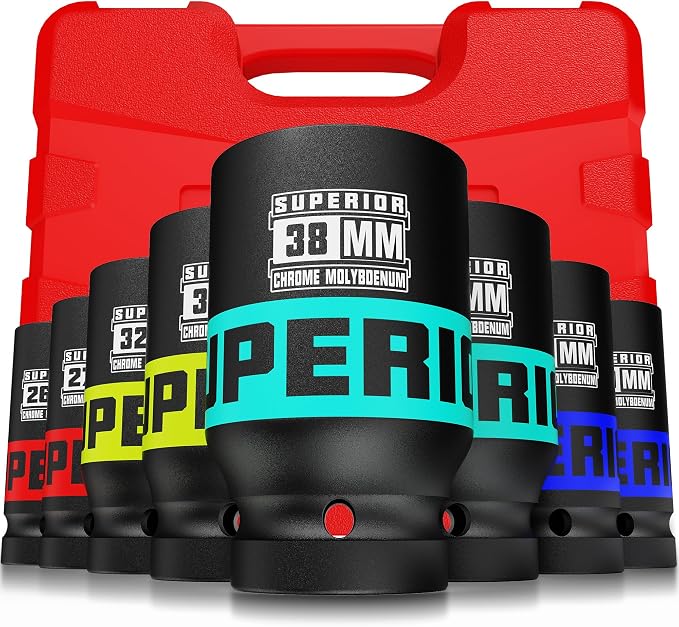 8 Piece 3/4" Drive Impact Socket Set, 26 mm - 38mm Jumbo Sockets, Metric, 6-Point, Heavy Duty CR-MO, Large Automotive Repairs, Machinery, Maintenance