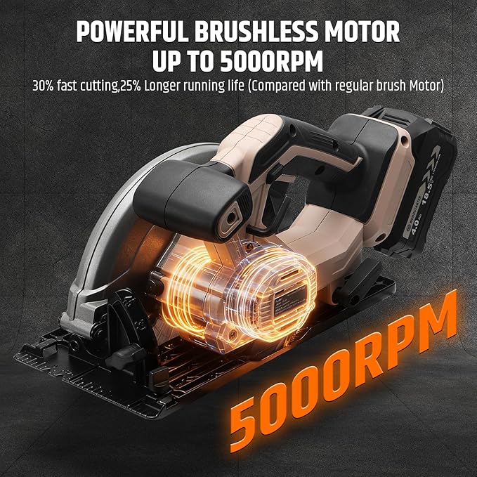Cordless Circular Saw, 7-1/4" Electric Circular Saws with 5000RPM Brushless Motor, 45° Bevel Cutting, Max Depth 2-1/2", LED Light, Carpentry Tool for Precision Cutting (Battery & Charger)