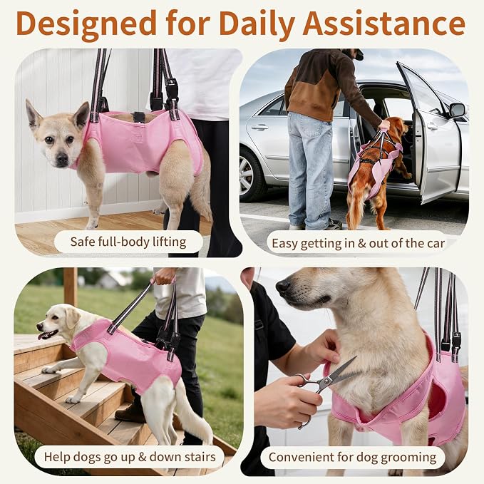 Full Body Dog Lift Harness, Support Senior & Disabled Dogs Walking | Help Up & Down Stairs Grooming, Dog Sling Backpack, Front Hind Leg Joint Injuries, Reflective, Soft Padded Handle | Pink, XL